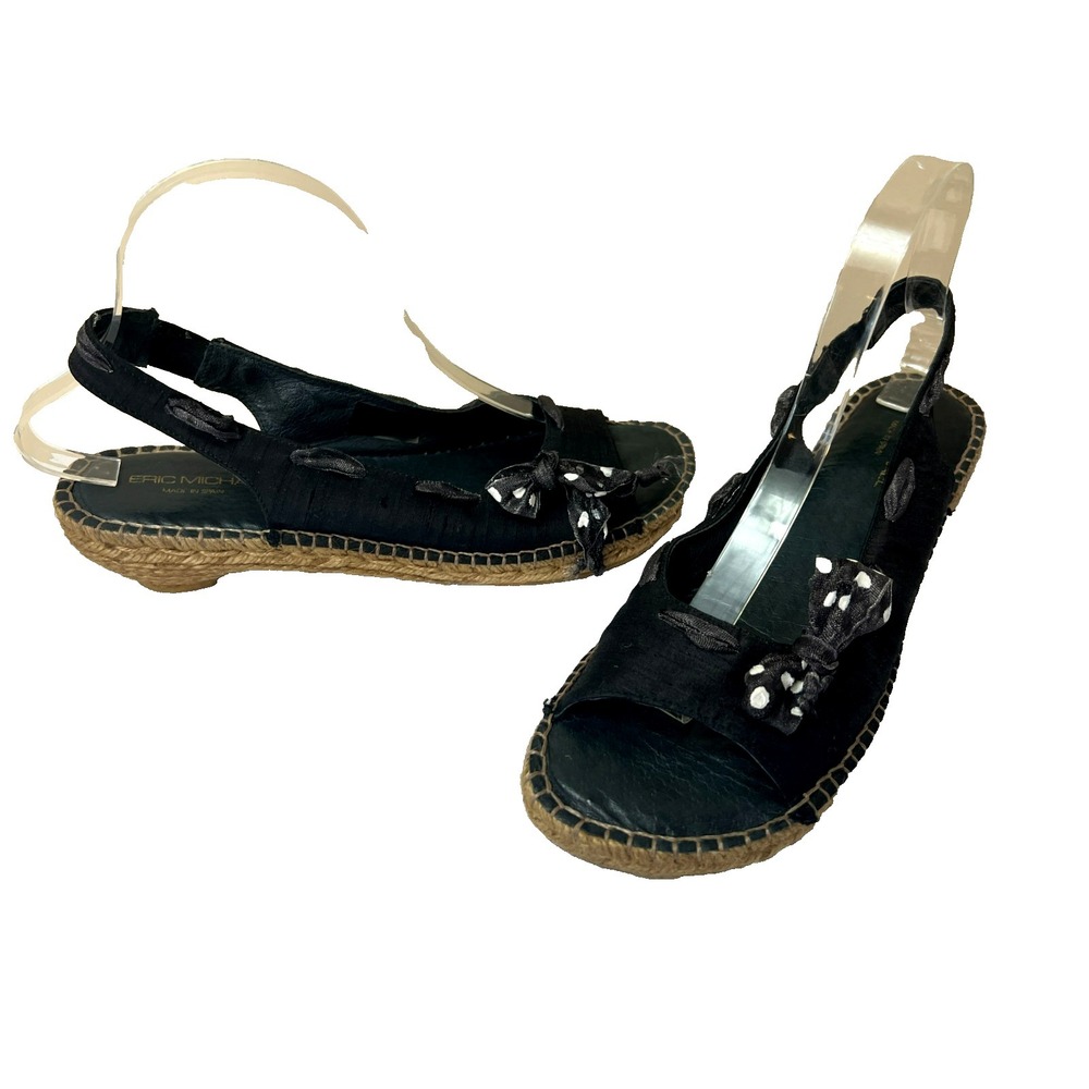 Eric Michael Paseart Espadrille Wedge Sandal Black Satiny‎ Sling Back SZ 10.5